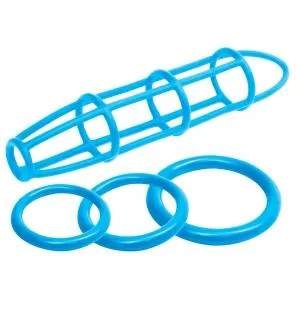 Male Sex Toys Neon Silicone Cage And Love Ring Set Blue Neon