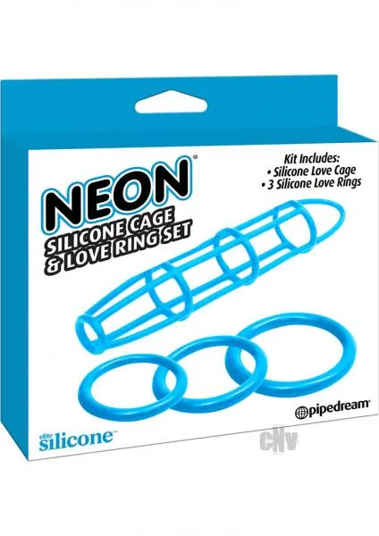 Male Sex Toys Neon Silicone Cage And Love Ring Set Blue Neon Male Sex Toys Neon Silicone Cage And Love Ring Set Blue Neon