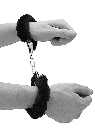 Shots Toys Anal Ouch Black White Pleasure Furry Hand Cuffs With QuickRelease Button Black
