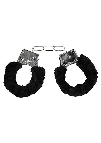 Shots Toys Anal Ouch Black White Pleasure Furry Hand Cuffs With QuickRelease Button Black