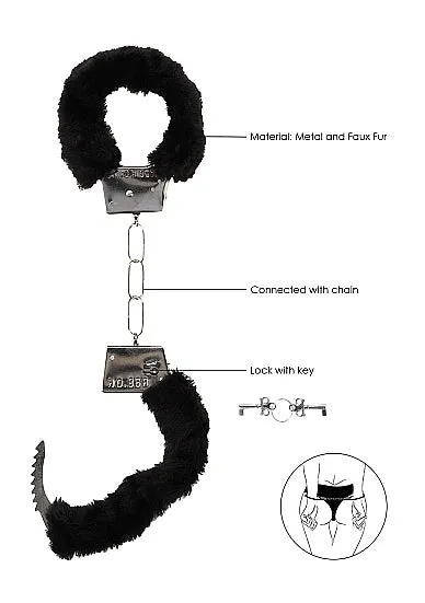 Shots Toys Anal Ouch Black White Pleasure Furry Hand Cuffs With QuickRelease Button Black