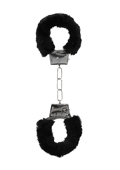 Shots Toys Anal Ouch Black White Pleasure Furry Hand Cuffs With QuickRelease Button Black