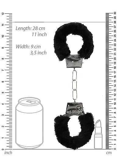 Shots Toys Anal Ouch Black White Pleasure Furry Hand Cuffs With QuickRelease Button Black