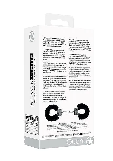 Shots Toys Anal Ouch Black White Pleasure Furry Hand Cuffs With QuickRelease Button Black