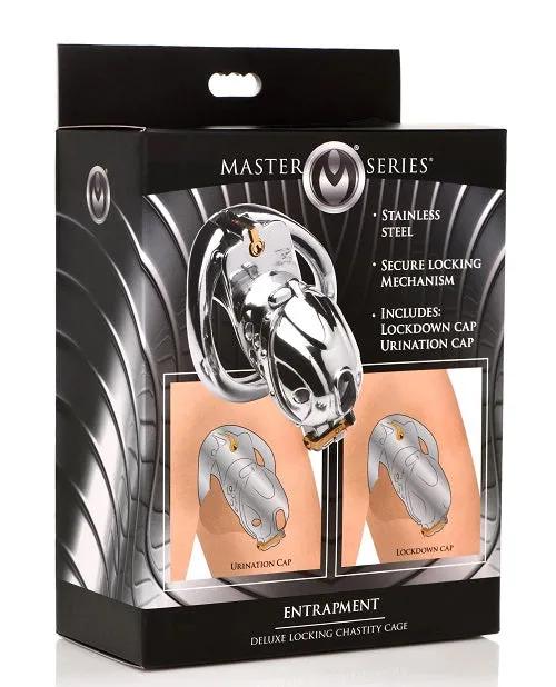 XR Brands Master Series Entrapment Deluxe Locking Chastity Cage Silver Male Sex Toys