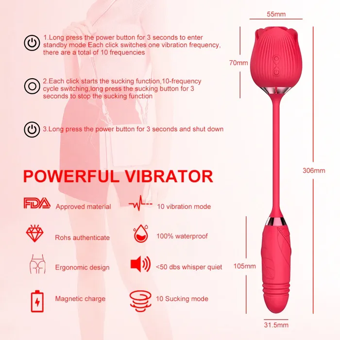 2in1 Clit Suction and Vaginal Telescopic Vibrator 10speed Roseshaped Vibrator Womens Sex Toys EVEs SECRETS Vibrators