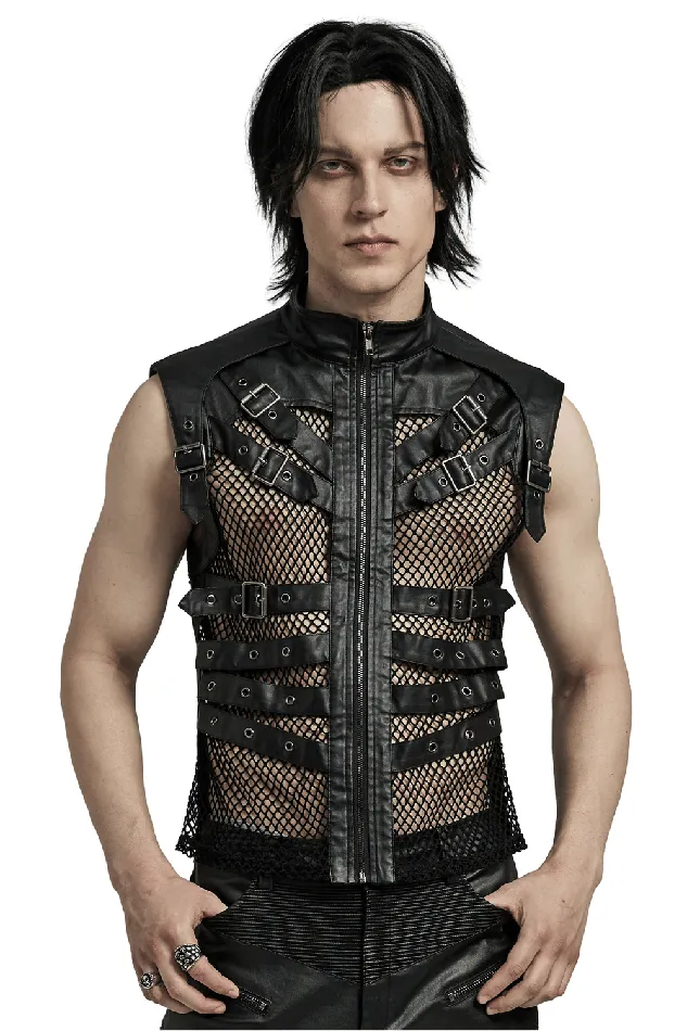 Bold Zippered Black Leather Punk Vest with Mesh Back EVEs SECRETS Restraints Bold Zippered Black Leather Punk Vest with Mesh Back EVEs SECRETS Restraints