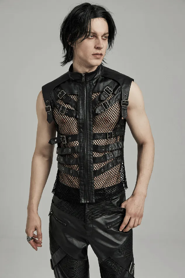 Bold Zippered Black Leather Punk Vest with Mesh Back EVEs SECRETS Restraints