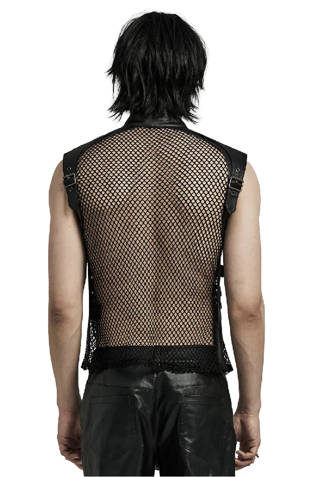 Bold Zippered Black Leather Punk Vest with Mesh Back EVEs SECRETS Restraints
