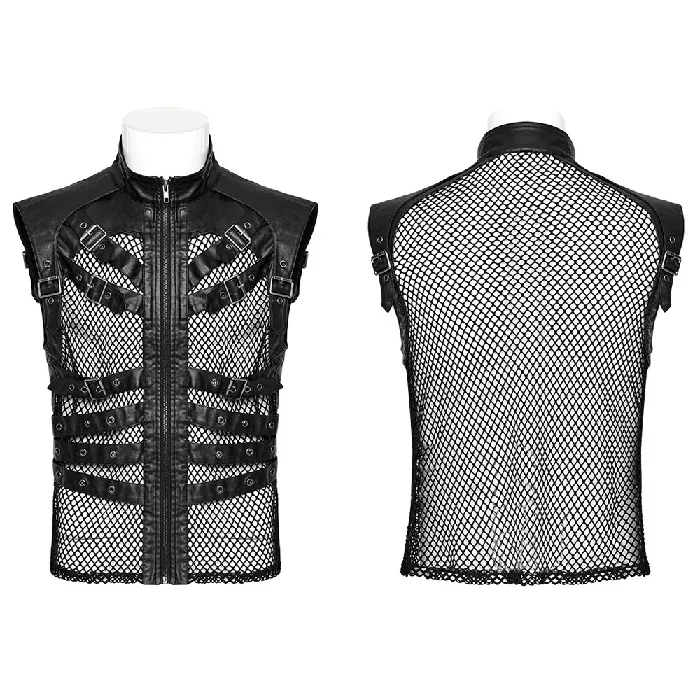 Bold Zippered Black Leather Punk Vest with Mesh Back EVEs SECRETS Restraints