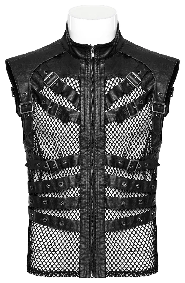 Bold Zippered Black Leather Punk Vest with Mesh Back EVEs SECRETS Restraints