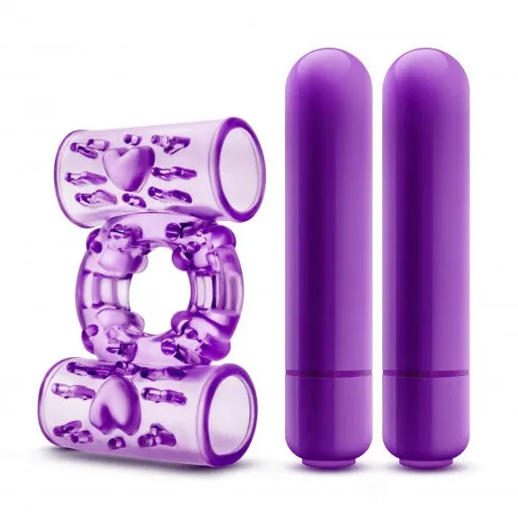 Couples Blush Novelties PLAY WITH ME DOUBLE PLAY DUAL VIBRATING COCK RING with 2 Purple Bullet Vibrators