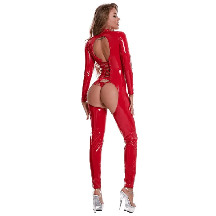 EVEs SECRETS Male Sex Toys Womens Sexy Crotchless Catsuit with Open Butt LaceUp Back Skinny Outfits