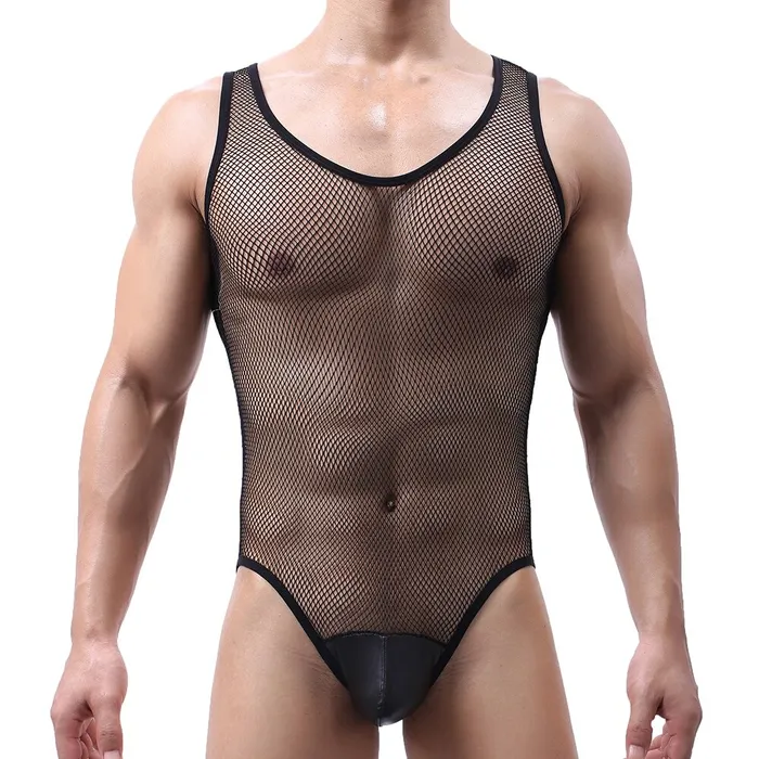Sexy See Through PU Leather Bodysuit Mens ONeck Mesh Lingerie Male Sleeveless Jumpsuit EVEs SECRETS Male Sex Toys Sexy See Through PU Leather Bodysuit Mens ONeck Mesh Lingerie Male Sleeveless Jumpsuit EVEs SECRETS Male Sex Toys