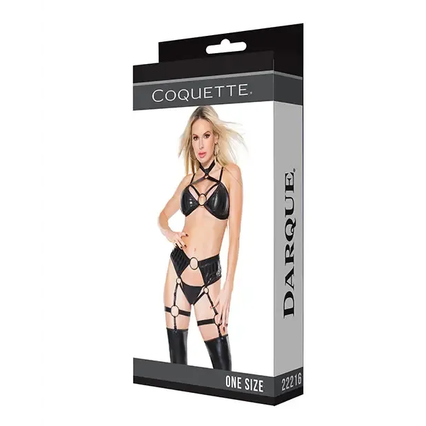 Anal Coquette Darque Wet Look Striped Strappy Halter Top Crotchless Garter Panty Black Os Anal Coquette Darque Wet Look Striped Strappy Halter Top Crotchless Garter Panty Black Os