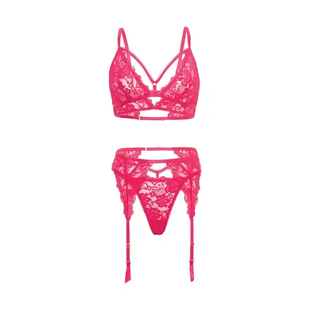 Couples Oh La La Cheri Aphrodite Lace Keyhole Bralette wGarters GString Raspberry