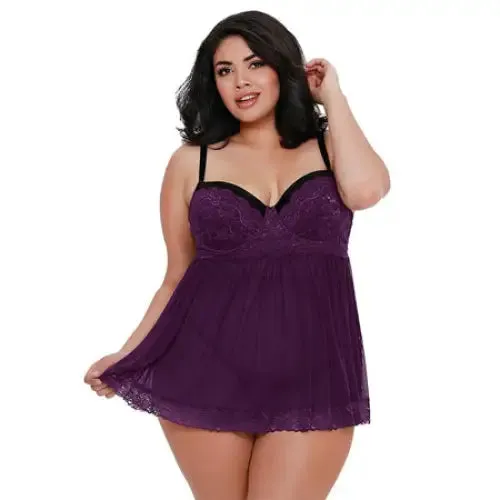 Dreamgirl International Dreamgirl Stretch Mesh and Lace Babydoll Plum Queen 1X Hanging Vibrators