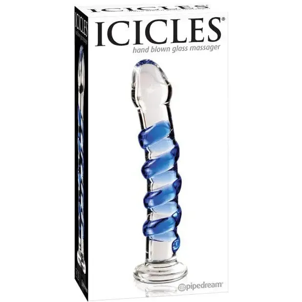 Icicles Icicles No 5 Hand Blown Glass Massager Clear Wblue Swirls Dildos