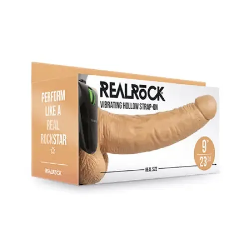 SHOTS AMERICA Female Sex Toys RealRock Realistic 9 in Vibrating Hollow StrapOn With Balls Tan SHOTS AMERICA Female Sex Toys RealRock Realistic 9 in Vibrating Hollow StrapOn With Balls Tan