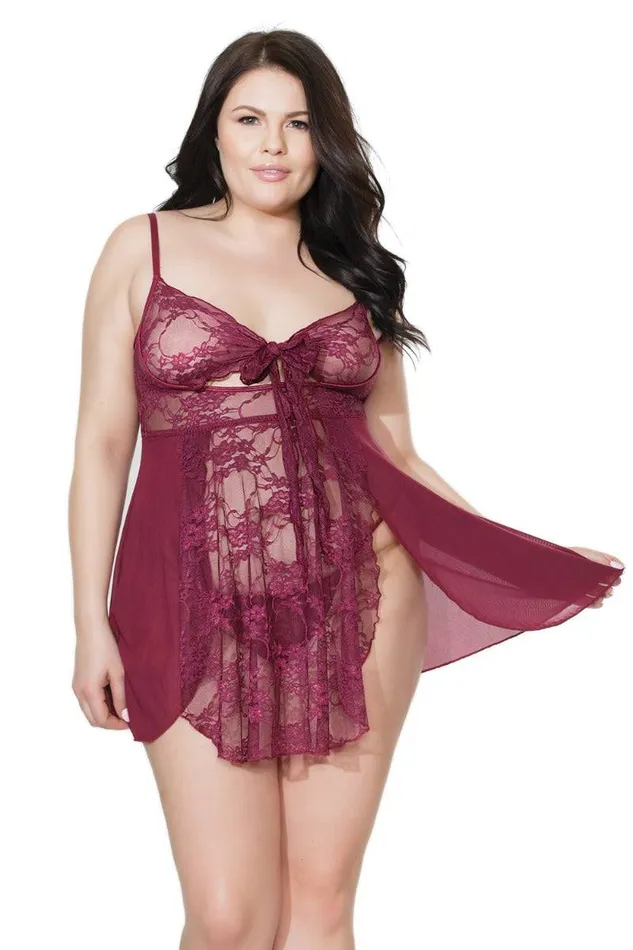 Coquette Anal Coquette 20408 Plus Babydoll GString Set Merlot OSXL