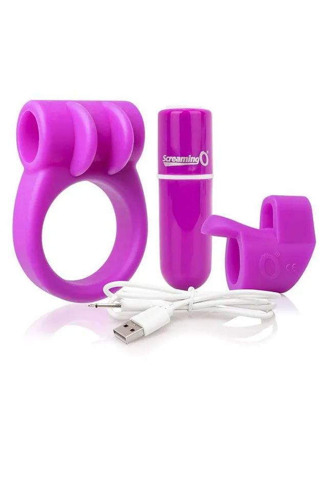 Couples Screaming O Screaming O Charged Combo Kit Cock Ring Bullet Kit Purple