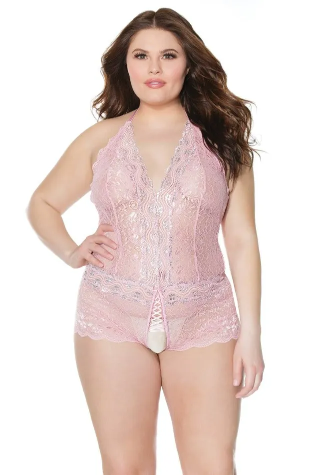 Vibrators Coquette Coquette 21510 Plus Crotchless Teddy Pink OSXL