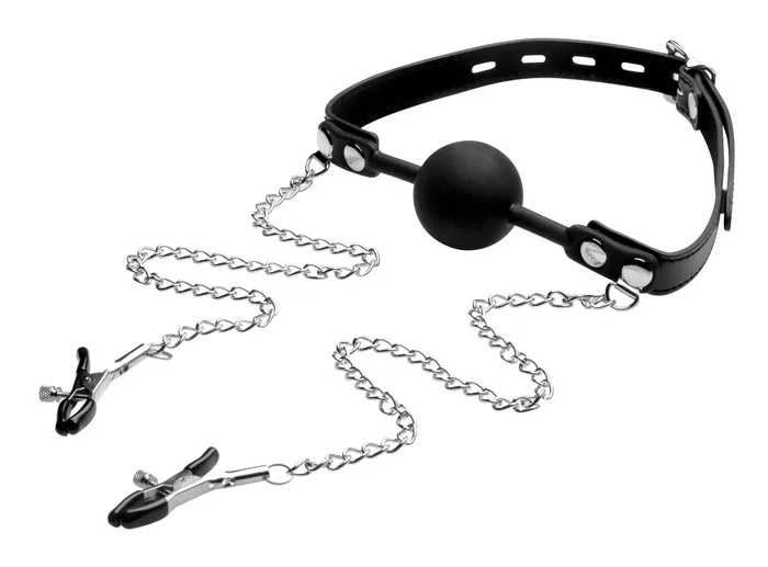 Silicone Ball Gag Wnipple Clamps XR Brands Strict Male Sex Toys