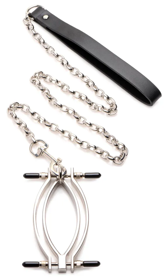 XR Brands Master Series Male Sex Toys Pussy Tugger Adjustable Pussy Clamp With Leash Silver